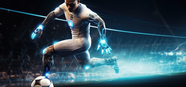 Futuristic football soccer player with glowing lights