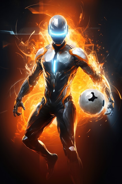 Futuristic football soccer player with glowing lights