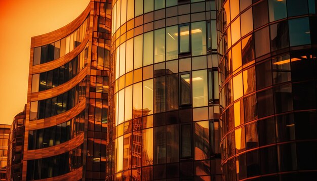 Футуристический стеклянный небоскреб, созданный искусственным интеллектом, отражает яркую городскую жизнь на открытом воздухе