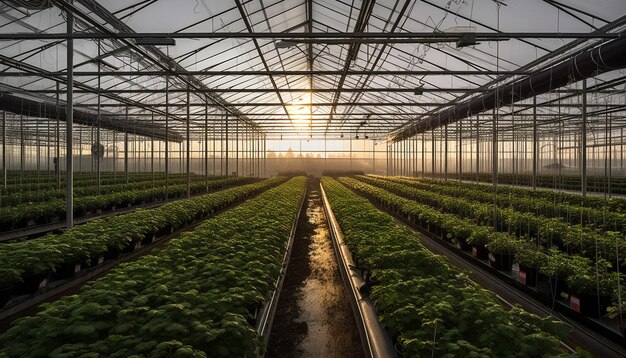 Futuristic greenhouse with organic vegetables inside steel generated by AI