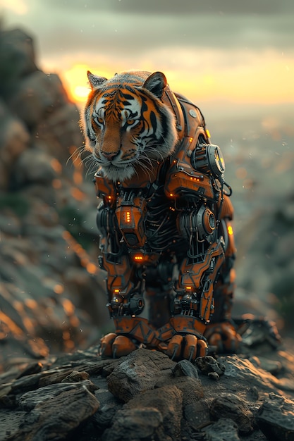 Foto gratuita futuristica tigre semi-robot in natura