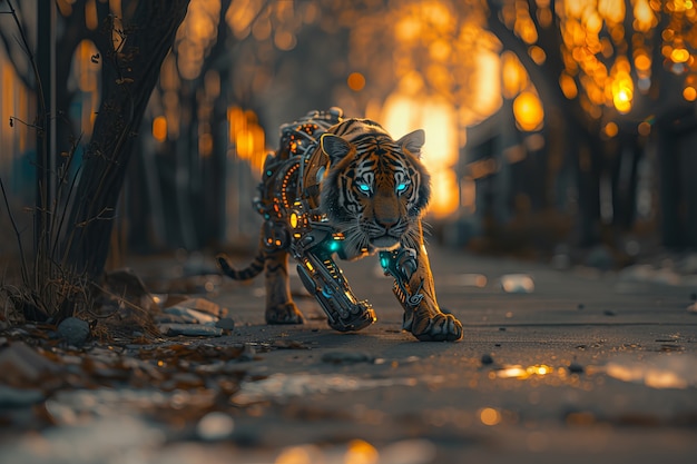 Free photo futuristic half-robot tiger