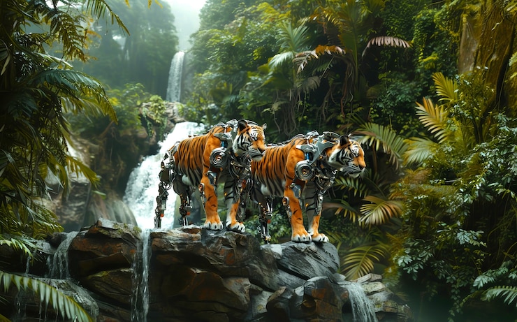 Free Photo futuristic half-robot tiger