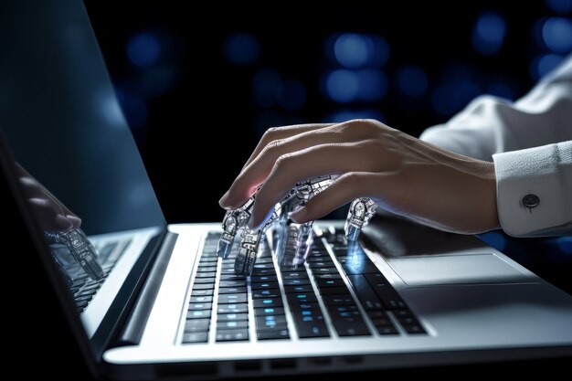 futuristic hand working on laptop