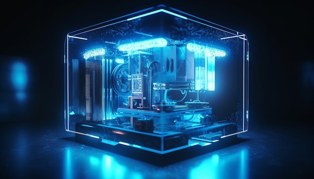 Free photo futuristic machinery design glows blue in factory generated by ai