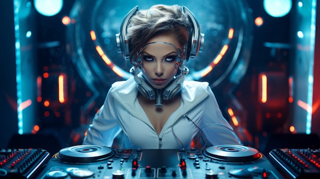 Free photo futuristic person listening to music on ultra modern headphones