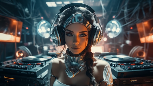 Free photo futuristic person listening to music on ultra modern headphones