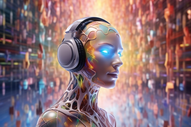 futuristic person listening to music on ultra modern headphones