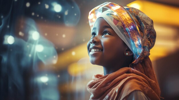 Futuristic portrait of young girl with high tech