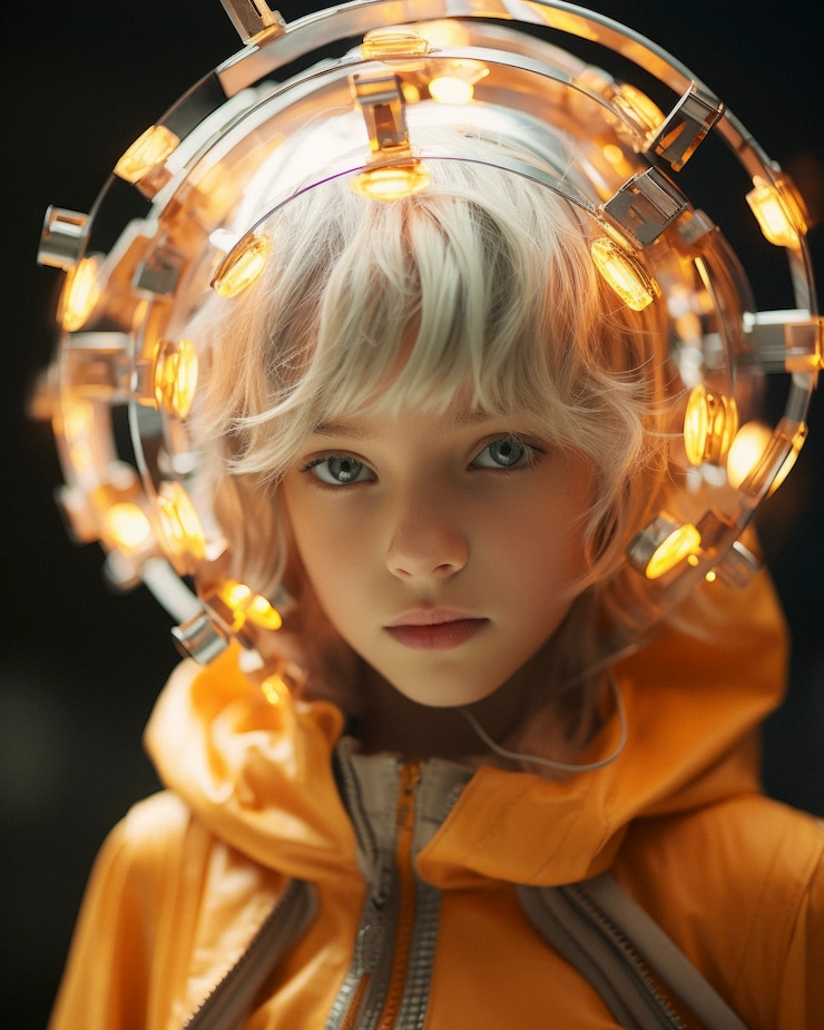 無料Photo ハイテクを使った若い女の子の未来的な肖像画