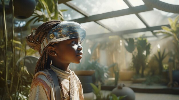 futuristic portrait of young girl with high tech