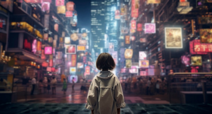 無料Photo ハイテクを使った若い女の子の未来的な肖像画