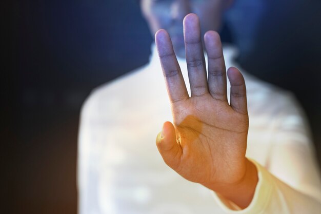 Futuristic presentation by a businesswoman in white shirt