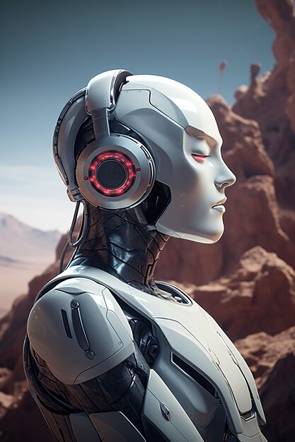 futuristic robot listening to music on headphones