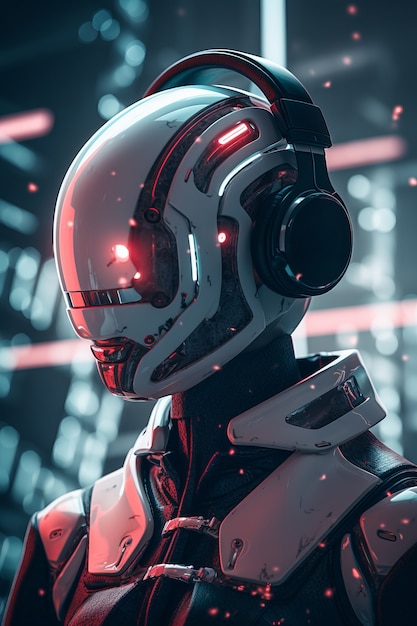 Futuristic robot listening to music on headphones