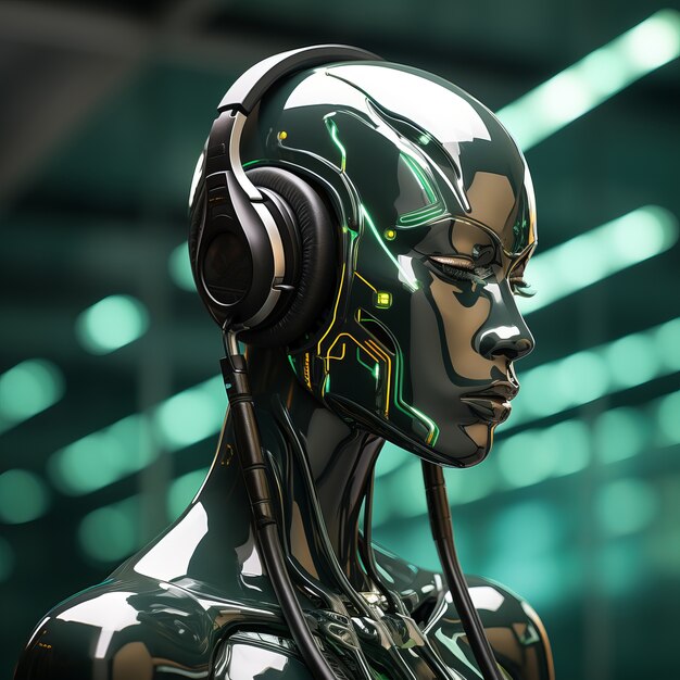 ヘッドホンで音楽を聴く未来のロボット