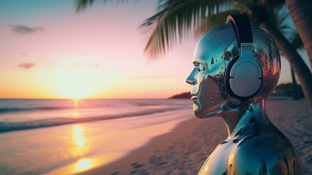 Free photo futuristic robot listening to music on headphones