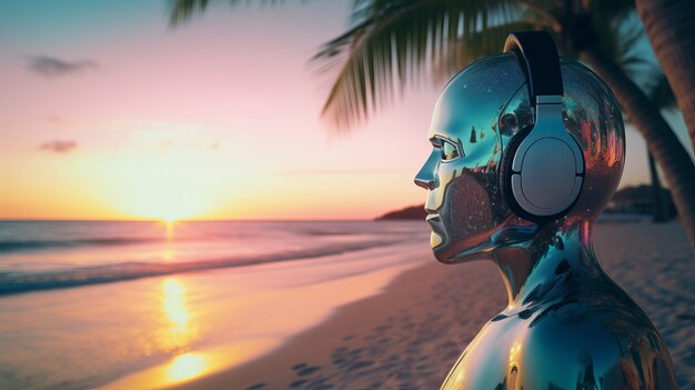 Futuristic robot listening to music on headphones