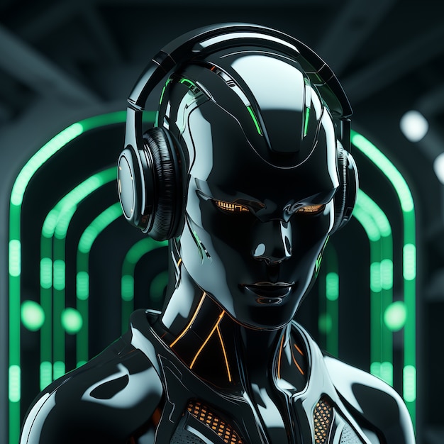 futuristic robot listening to music on headphones