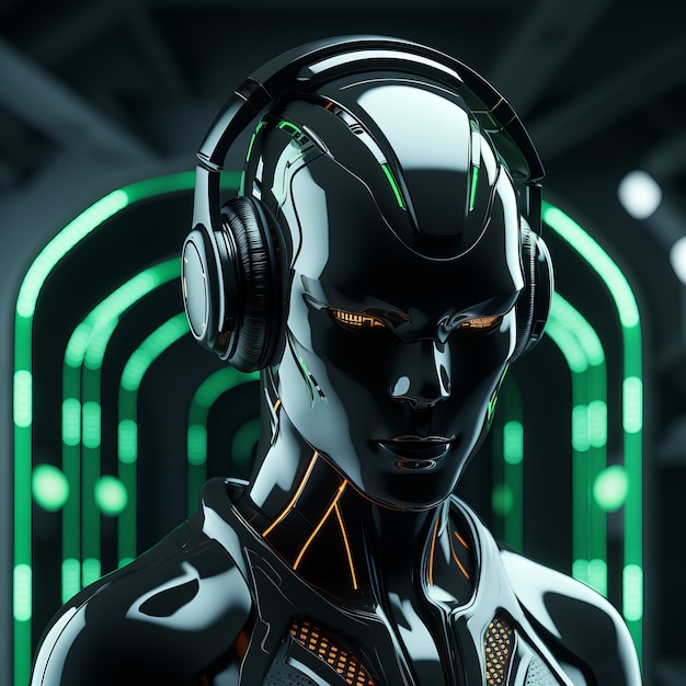 Futuristic robot listening to music on headphones