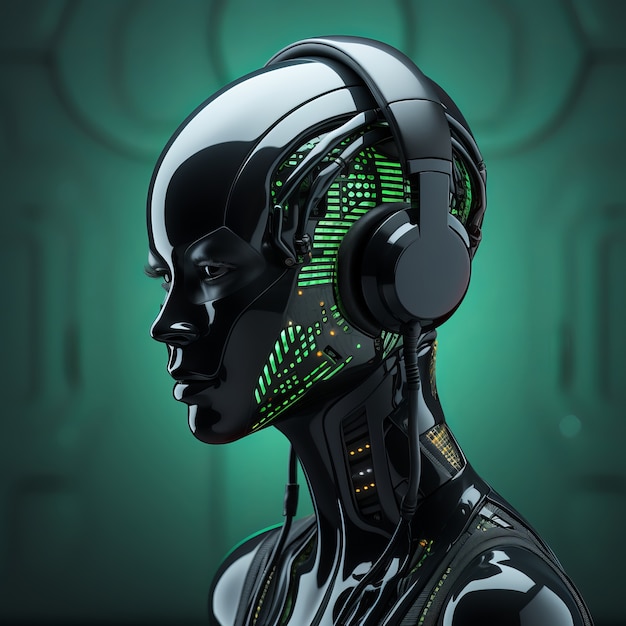 Free photo futuristic robot listening to music on headphones