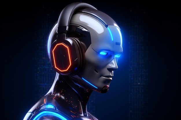 futuristic robot listening to music on headphones