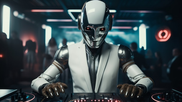 futuristic robot listening to music on headphones