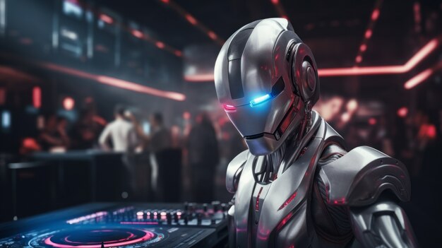 Futuristic robot listening to music on headphones