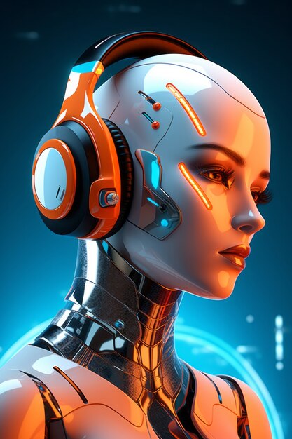 Futuristic robot listening to music on headphones