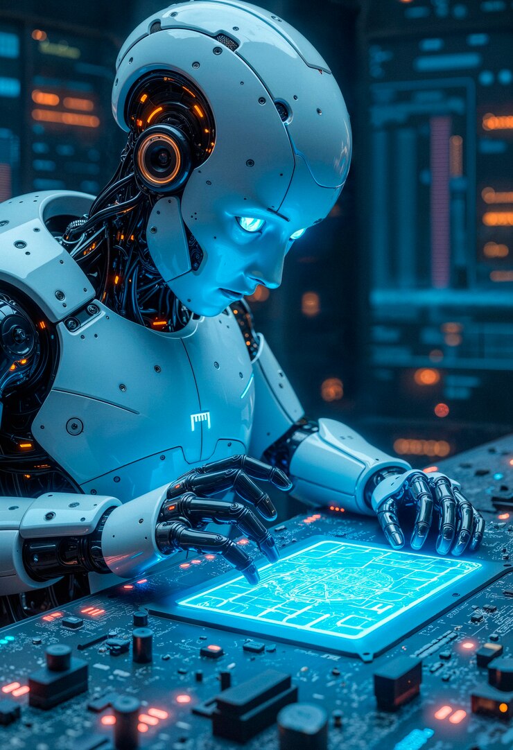 Free Photo a futuristic robot working on a digital interface