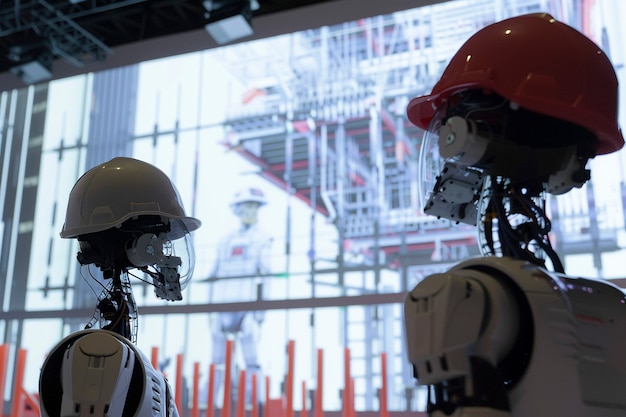 Futuristic scene with high-tech robot used in the construction industry