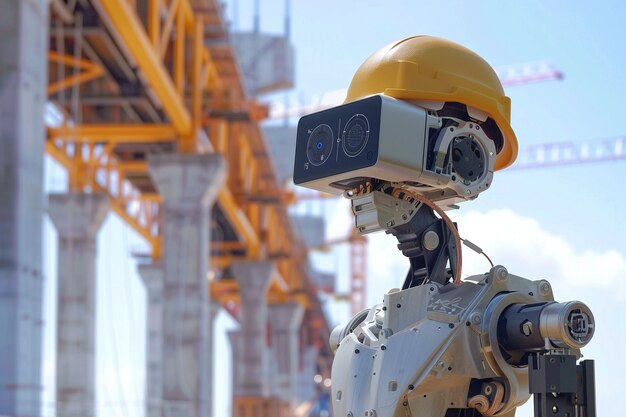 Futuristic scene with high-tech robot used in the construction industry