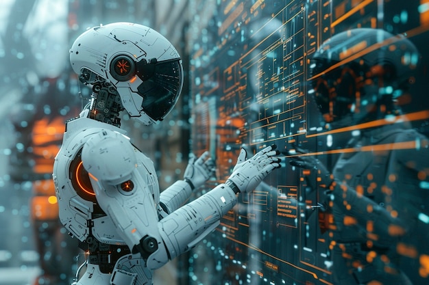 Футуристическая сцена с высокотехнологичным роботом, используемым в строительной промышленности