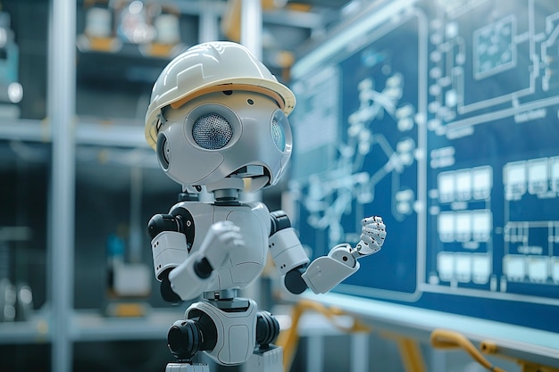 Бесплатное фото Футуристическая сцена с высокотехнологичным роботом, используемым в строительной промышленности