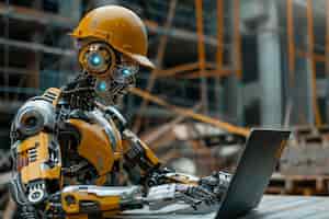 Бесплатное фото Футуристическая сцена с высокотехнологичным роботом, используемым в строительной промышленности