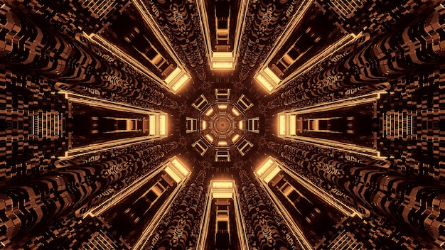Бесплатное фото Футуристический научно-фантастический круглый пиксельный туннельный коридор с коричневыми и золотыми огнями