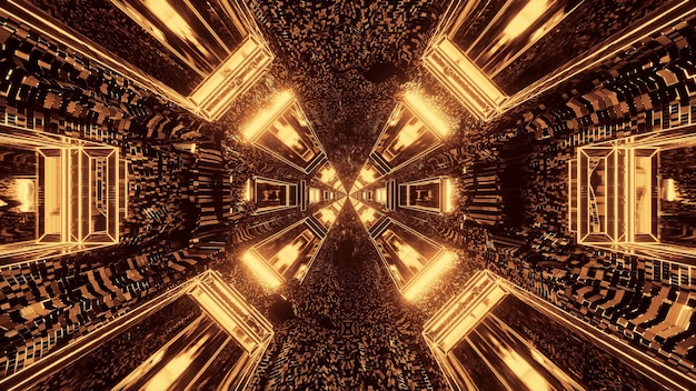 Futuristic science-fiction round pixelated tunnel corridor with brown and gold lights