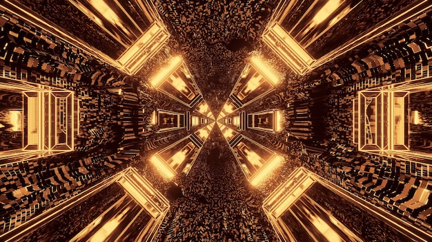 Футуристический научно-фантастический круглый пиксельный туннельный коридор с коричневыми и золотыми огнями