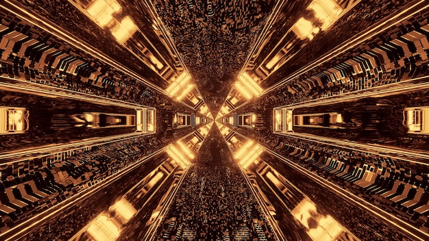 Futuristic science-fiction tunnel corridor with lines and gold, brown and yellow lights