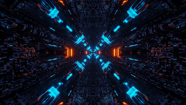Футуристический научно-фантастический туннельный коридор с линиями и неоновыми синими и красными огнями
