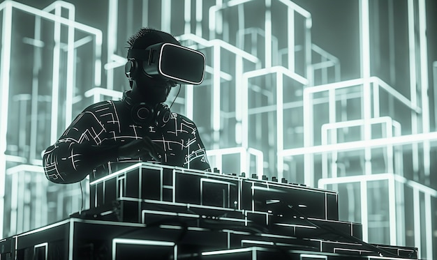 가상 현실 안경을 사용하여 음악을 담당하는 DJ와 함께 미래의 세트
