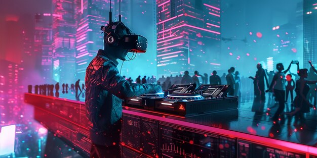 futuristic set with dj in charge of music using virtual reality glasses
