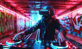 Free photo futuristic set with dj in charge of music using virtual reality glasses