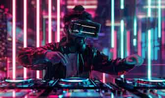 Free photo futuristic set with dj in charge of music using virtual reality glasses