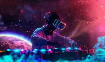 Free photo futuristic set with dj in charge of music using virtual reality glasses