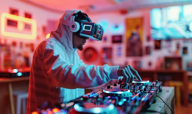 Free photo futuristic set with dj in charge of music using virtual reality glasses