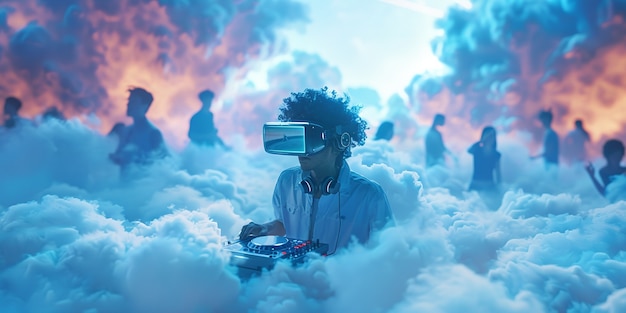 Free photo futuristic set with dj in charge of music using virtual reality glasses