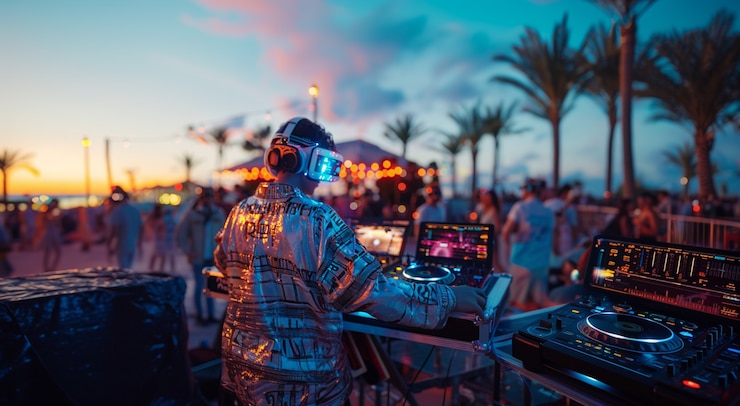Free Photo futuristic set with dj in charge of music using virtual reality glasses