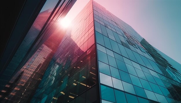 Futuristic skyscraper reflects vibrant blue city life generated by AI