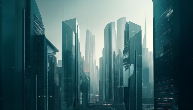 미래의 고층 빌딩은 AI가 생성한 밤에 도시를 밝힙니다.